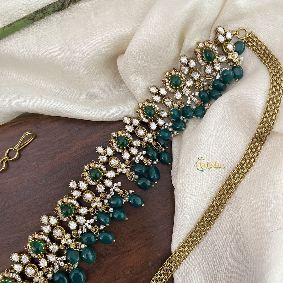 Vriksham Dual Peacock Green Victorian Diamond Bridal Hip Chain-Green Bead-G17614