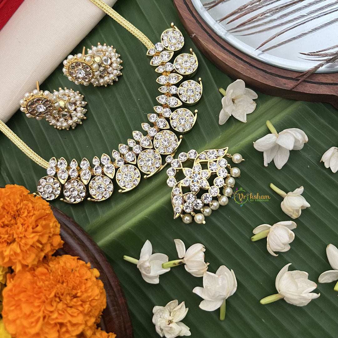 Vriksham Antique Gold‑Tone Kundan & White Crystal Temple Choker Neckpiece-Pearl-G19725