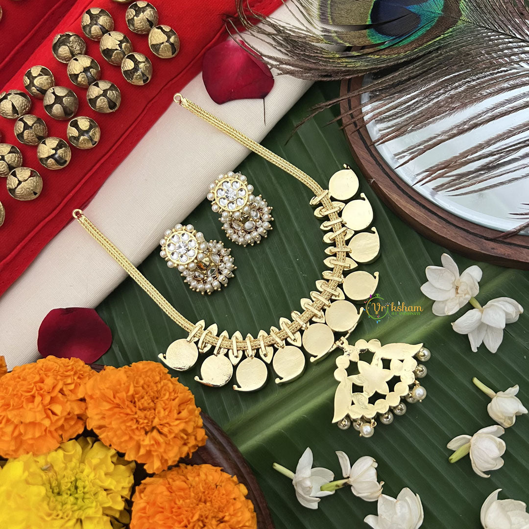 Vriksham Antique Gold‑Tone Kundan & White Crystal Temple Choker Neckpiece-Pearl-G19725
