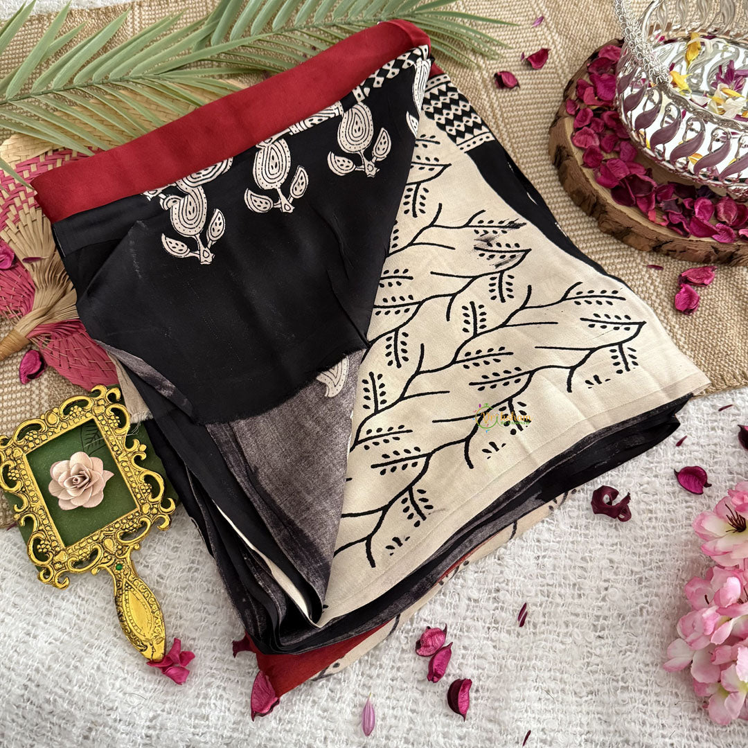 Vriksham Maroon With Black Ajrakh Modal Silk Saree-VS4441