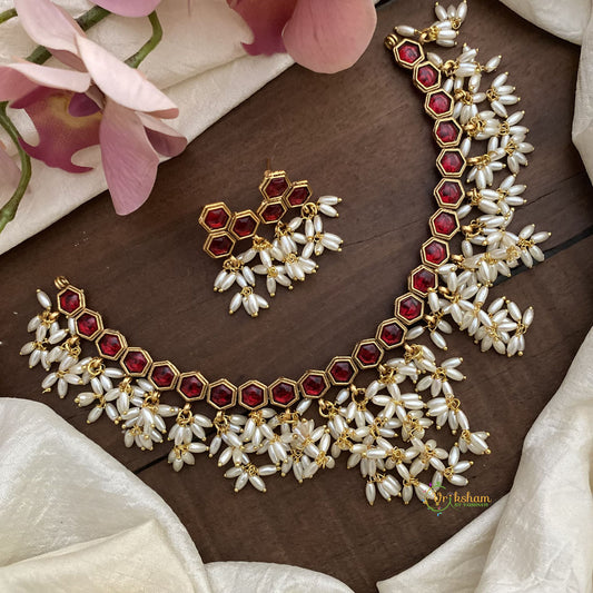 Premium Guttapusalu Short Neckpiece -Rice Pearls-Red-G12656