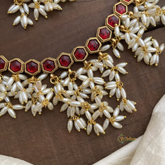 Premium Guttapusalu Short Neckpiece -Rice Pearls-Red-G12656