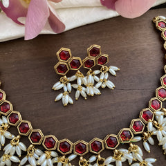 Premium Guttapusalu Short Neckpiece -Rice Pearls-Red-G12656