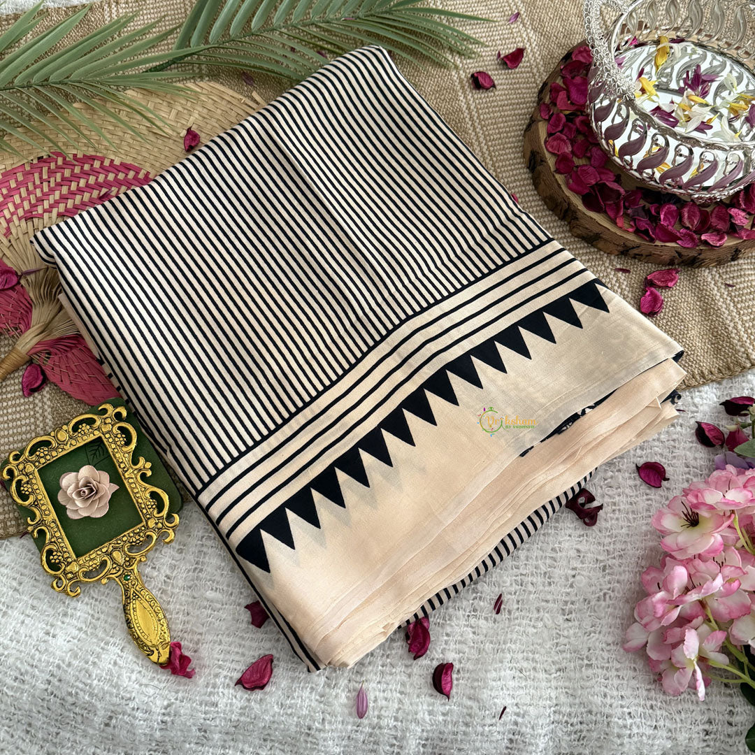 Vriksham Cream Striped Print Designer Ajrakh Modal Silk Saree-VS4448