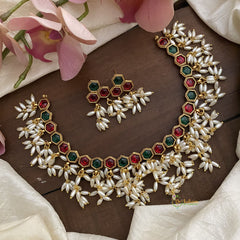 Premium Guttapusalu Short Neckpiece -Rice Pearls-Red Green-G12657