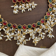 Premium Guttapusalu Short Neckpiece -Rice Pearls-Red Green-G12657