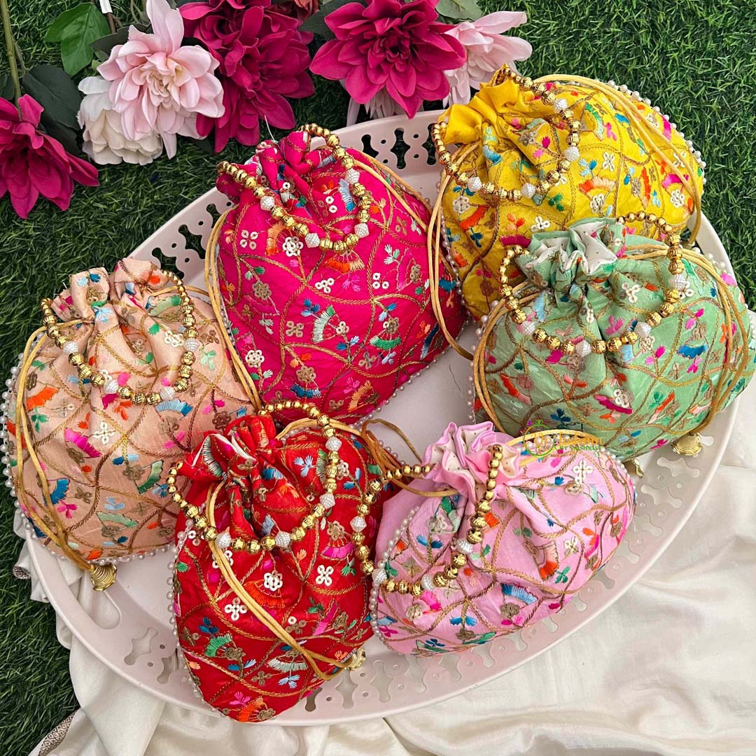 Vriksham Classic Floral  Bandhani Print Potli Bags-6 Pieces Set-RG367