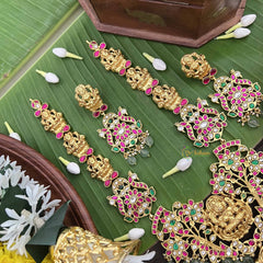 Vriksham Elegant Lakshmi Idol With Floral Kundan Jadau Long Neckpiece-Red Green & White-Green Bead-J3997