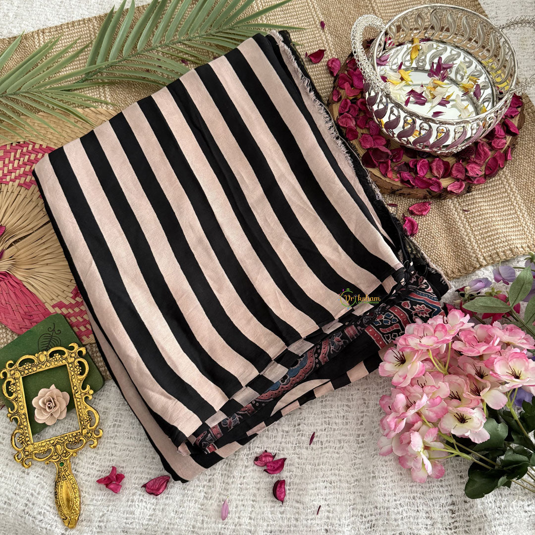 Vriksham Black & Cream Striped Print Ajrakh Modal Silk Saree-VS4445