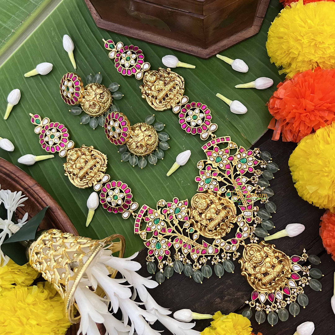 Vriksham Premium Lakshmi Idol With Floral Kundan Jadau Chakri Long Neckpiece-Red Green & White-Green Bead-J3998