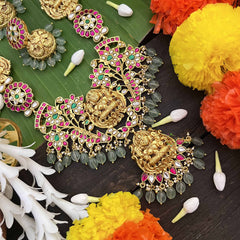 Vriksham Premium Lakshmi Idol With Floral Kundan Jadau Chakri Long Neckpiece-Red Green & White-Green Bead-J3998