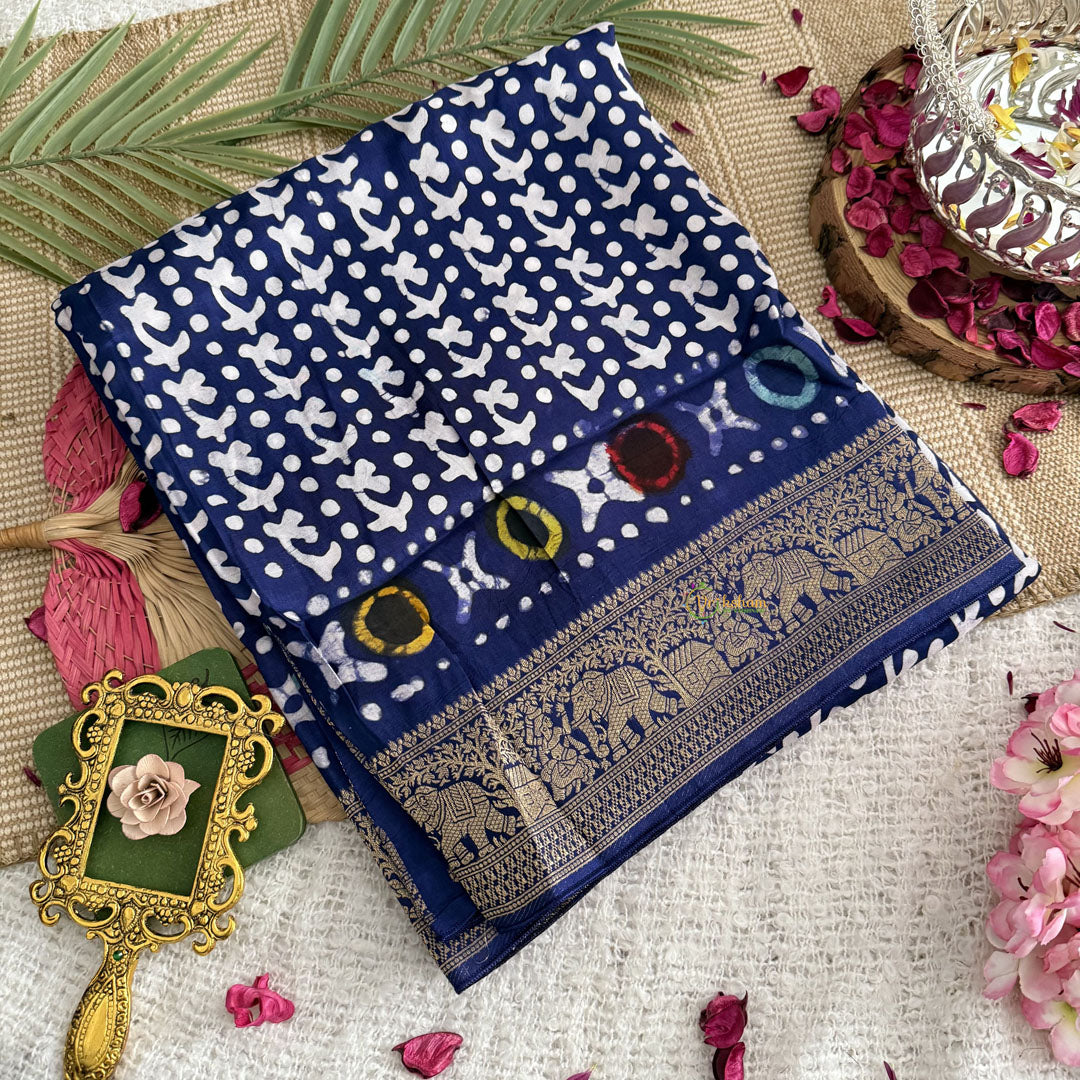 Vriksham Bandhani Style Indigo Ajrakh Dola Silk Saree-VS4365