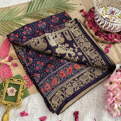 Vriksham Navy Blue Floral Print Ajrakh Dola Silk Saree-VS4374