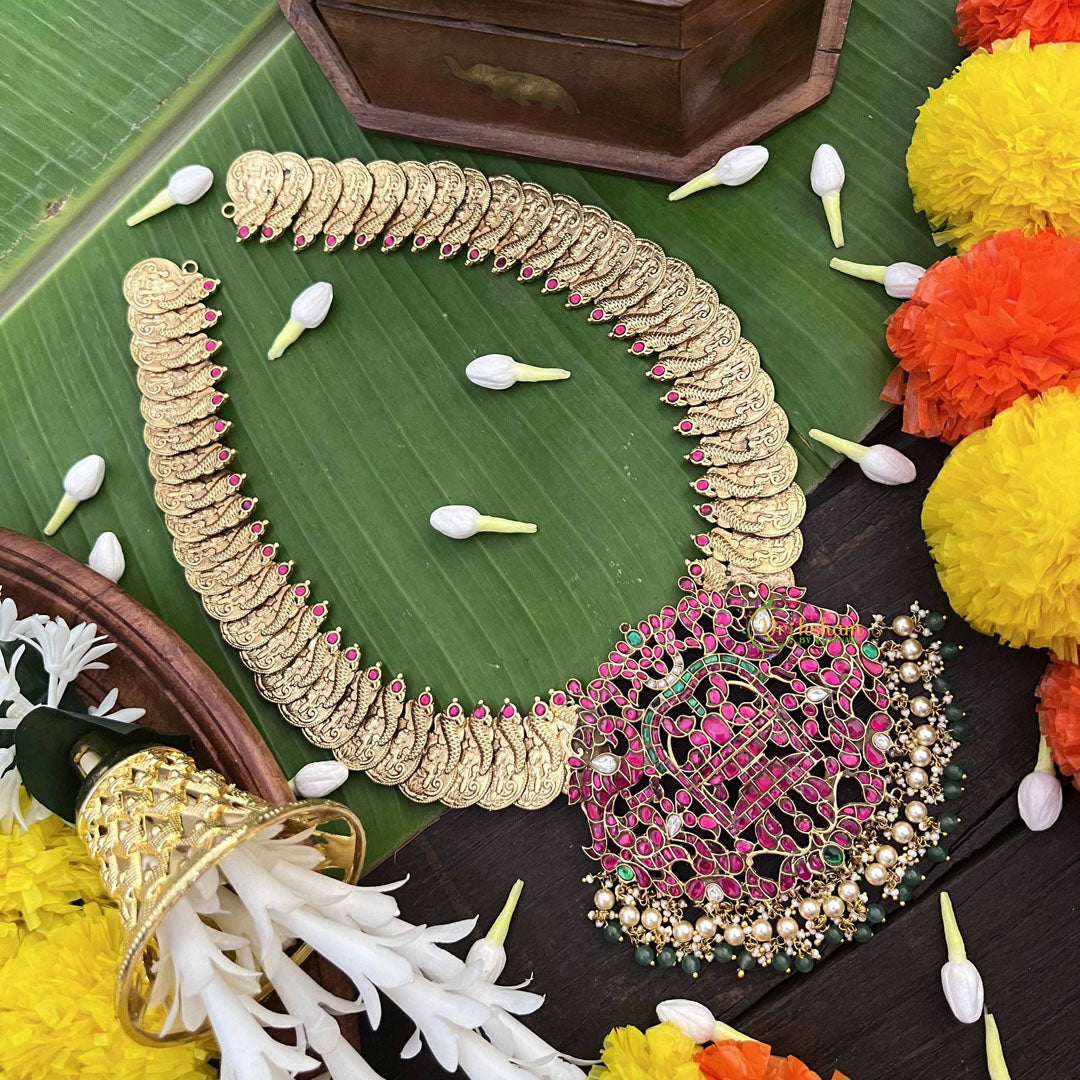 Vriksham Dual Peacock Pendant With Peacock Lakshmi Coin  Kundan Jadau Long Neckpiece-Red Green & White-Pearls & Green Bead-J4000