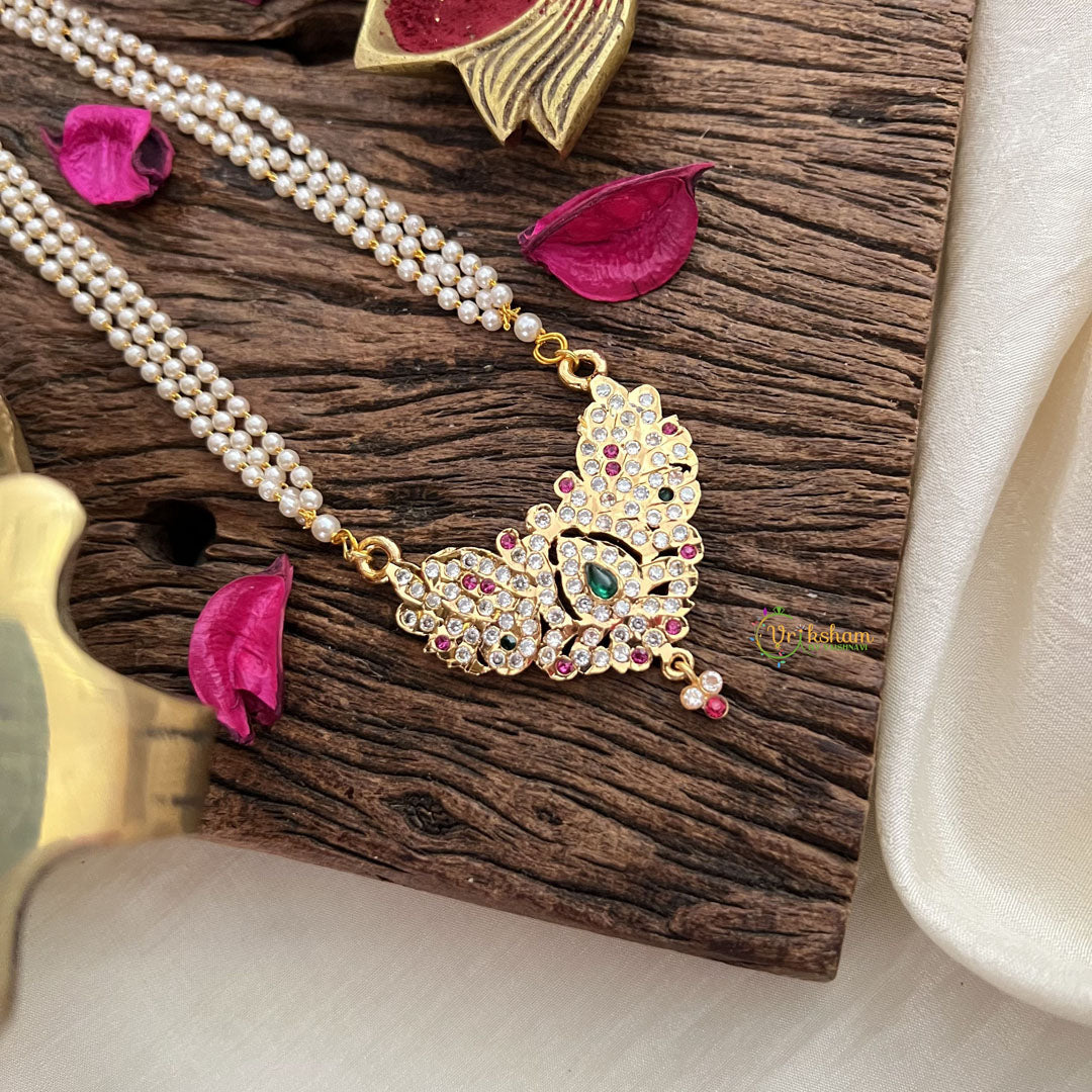Vriksham AD Stone Dual Peacock Pendant 3 Layer Pearl Mala-Green-G18835
