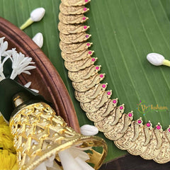 Vriksham Dual Peacock Pendant With Peacock Lakshmi Coin  Kundan Jadau Long Neckpiece-Red Green & White-Pearls & Green Bead-J4000
