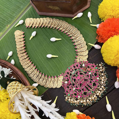 Vriksham Dual Peacock Pendant With Peacock Lakshmi Coin  Kundan Jadau Long Neckpiece-Red Green & White-Pearls & Green Bead-J4000