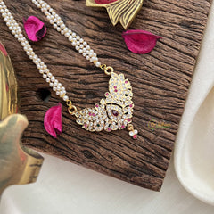 Vriksham AD Stone Dual Peacock Pendant 3 Layer Pearl Mala-Red-G18834