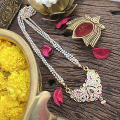 Vriksham AD Stone Dual Peacock Pendant 3 Layer Pearl Mala-Red-G18834