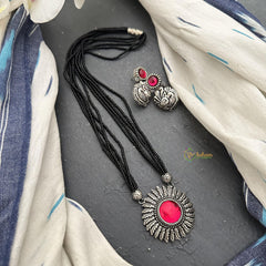 Oxidized Floral Pendant Black Beaded Neckpiece-S899