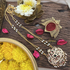 Vriksham AD Stone Temple Work Pendant 2 Layer Pearl With Gold  Chain-Red Green-G18844
