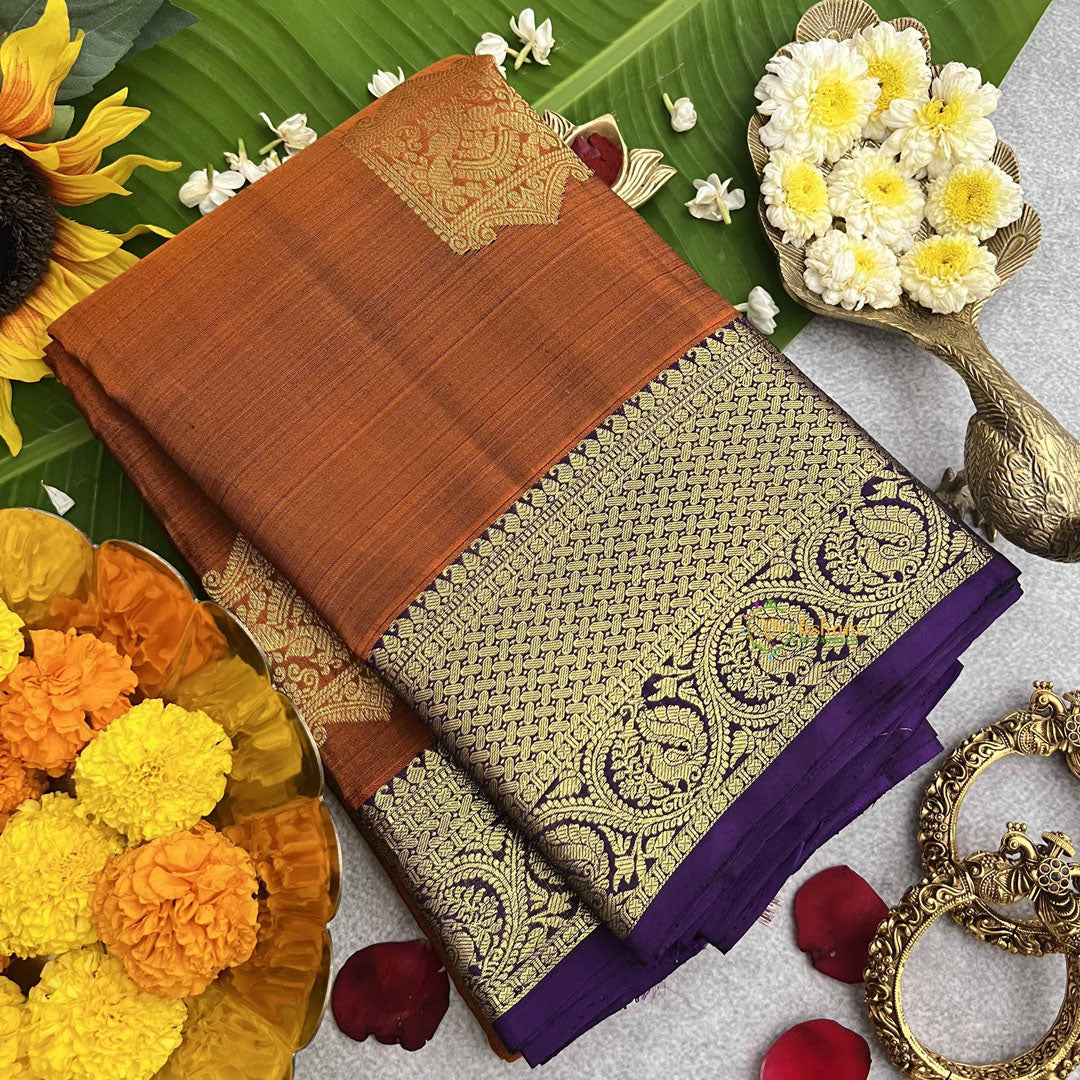 Vriksham Cider Orange With Purple Gold Zari Korvai Pure Silk Saree-VS4807