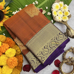 Vriksham Cider Orange With Purple Gold Zari Korvai Pure Silk Saree-VS4807