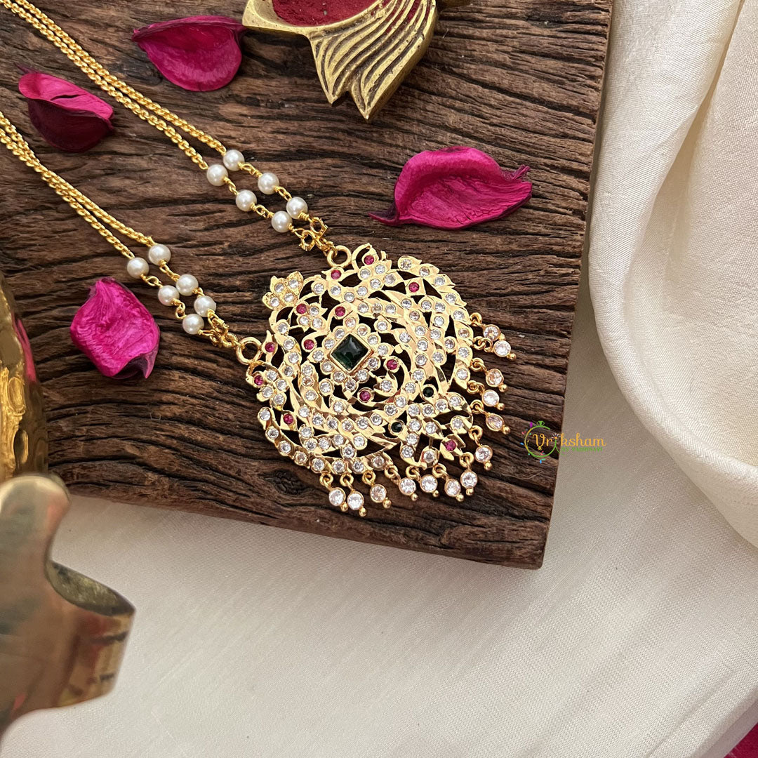 Vriksham AD Stone Temple Work Pendant 2 Layer Pearl With Gold  Chain-Red Green-G18844