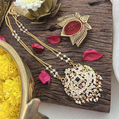 Vriksham AD Stone Temple Work Pendant 2 Layer Pearl With Gold  Chain-Red Green-G18844