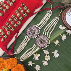 Vriksham Antique Gold‑Tone Kemp Stone Temple Vaddanam Waist Belt With Pearl Chains & Lakshmi Motif-G19730