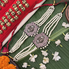 Vriksham Antique Gold‑Tone Kemp Stone Temple Vaddanam Waist Belt With Pearl Chains & Lakshmi Motif-G19730