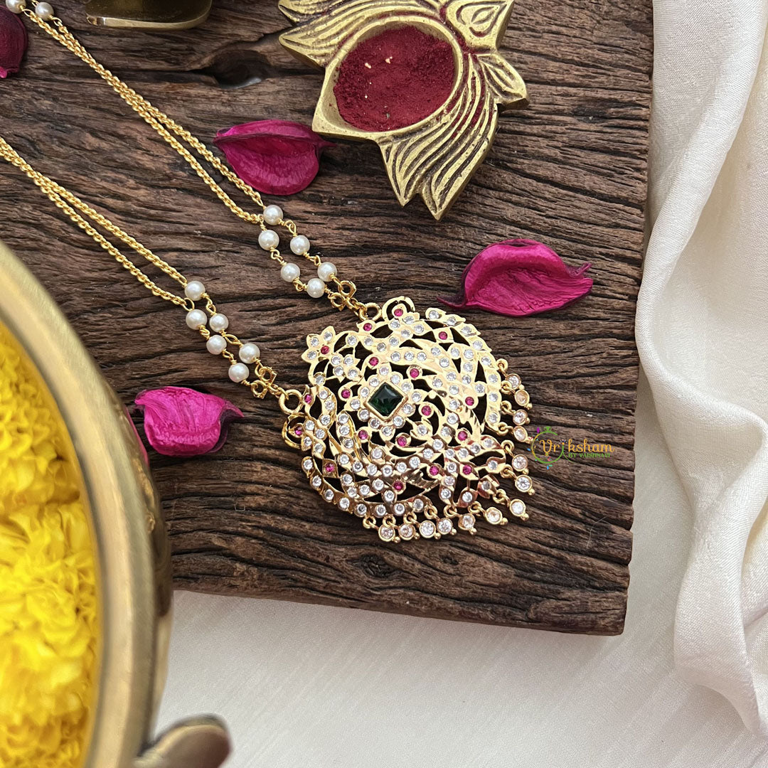 Vriksham AD Stone Temple Work Pendant 2 Layer Pearl With Gold  Chain-Red Green-G18844