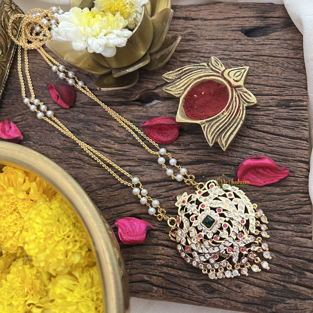 Vriksham AD Stone Temple Work Pendant 2 Layer Pearl With Gold  Chain-Red Green-G18844