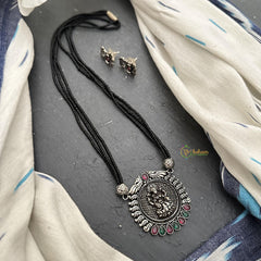 German Silver Lakshmi Pendant Black Beaded Neckpiece-S901