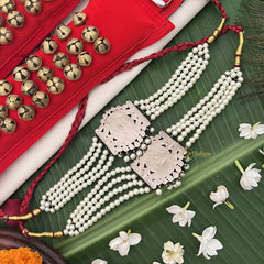 Vriksham Antique Gold‑Tone Kemp Stone Temple Vaddanam Waist Belt With Pearl Chains & Lakshmi Motif-G19730