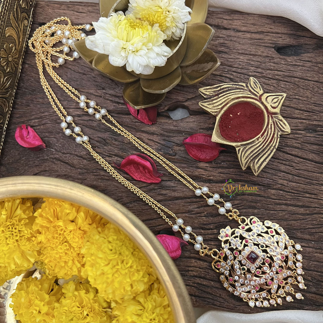 Vriksham AD Stone Temple Work Pendant 2 Layer Pearl With Gold  Chain-Red-G18837