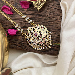 Vriksham AD Stone Temple Work Pendant 2 Layer Pearl With Gold  Chain-Red-G18837