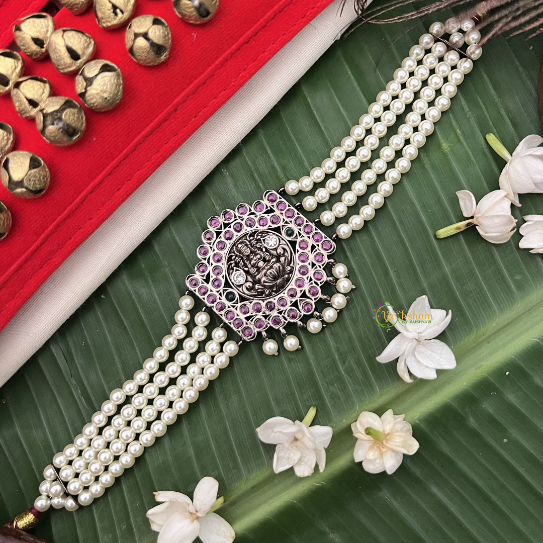 Vriksham Antique Gold‑Tone Kemp Stone Temple Vaddanam Waist Belt With Pearl Chains & Lakshmi Motif-G19730