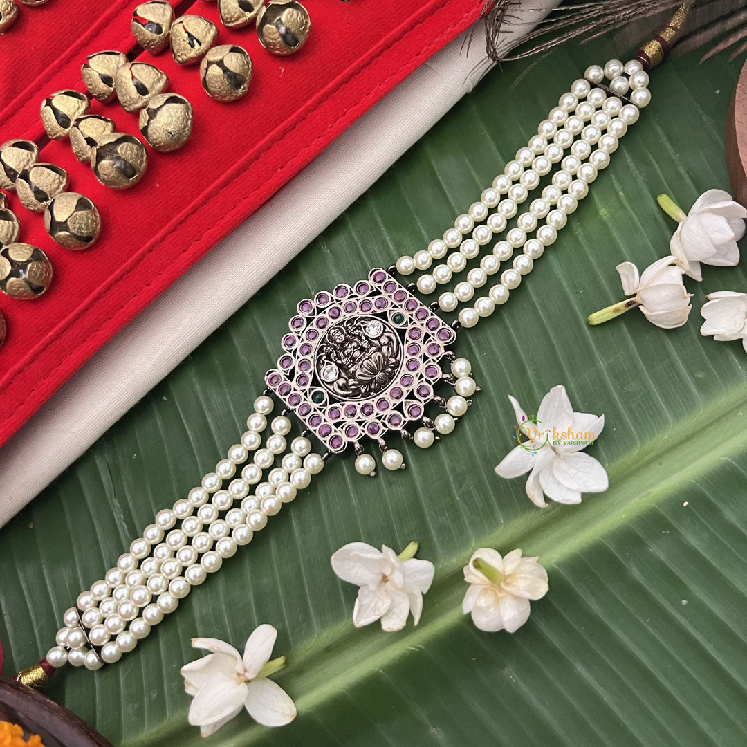Vriksham Antique Gold‑Tone Kemp Stone Temple Vaddanam Waist Belt With Pearl Chains & Lakshmi Motif-G19730