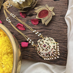 Vriksham AD Stone Temple Work Pendant 2 Layer Pearl With Gold  Chain-Red-G18837
