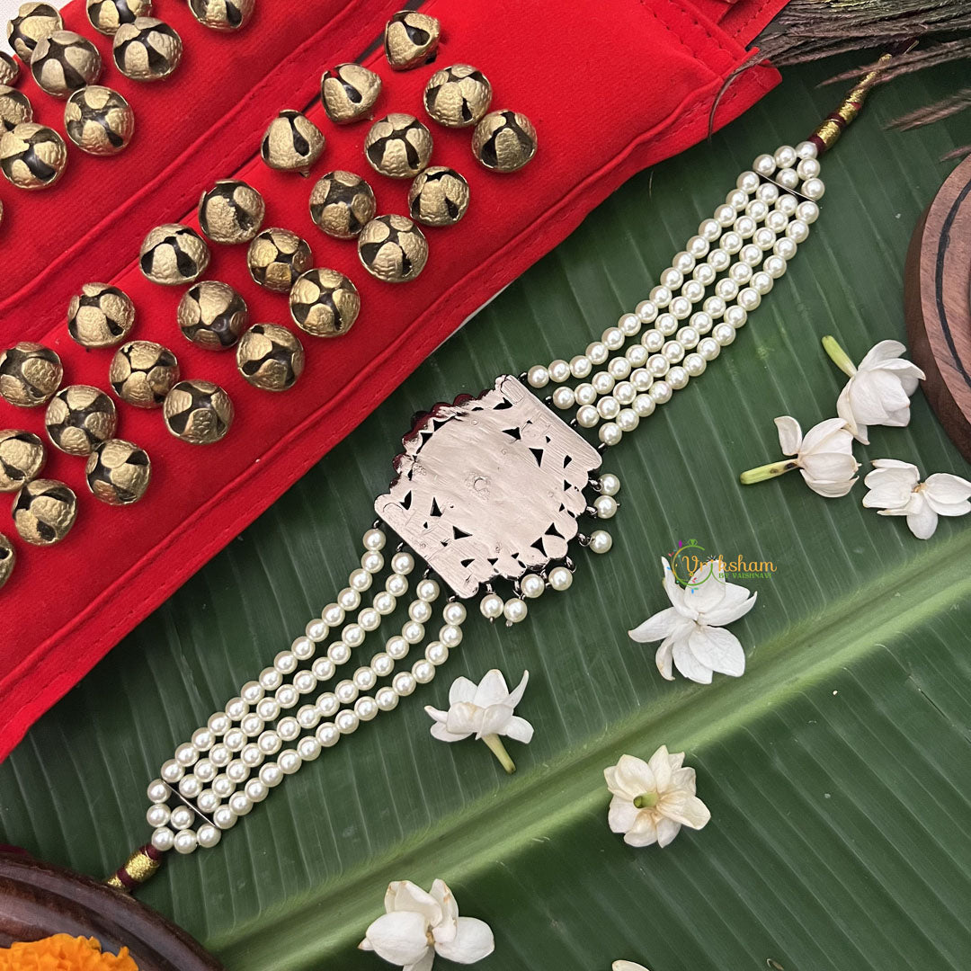 Vriksham Antique Gold‑Tone Kemp Stone Temple Vaddanam Waist Belt With Pearl Chains & Lakshmi Motif-G19730