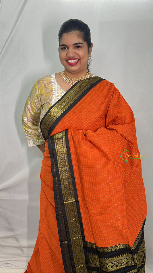 Orange With Black Border-Vairaoosi Podi Kattam- Kalyani Cotton Saree - VS3442