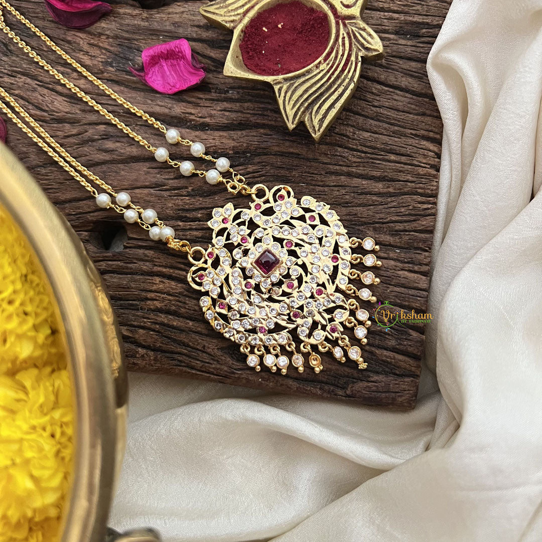 Vriksham AD Stone Temple Work Pendant 2 Layer Pearl With Gold  Chain-Red-G18837