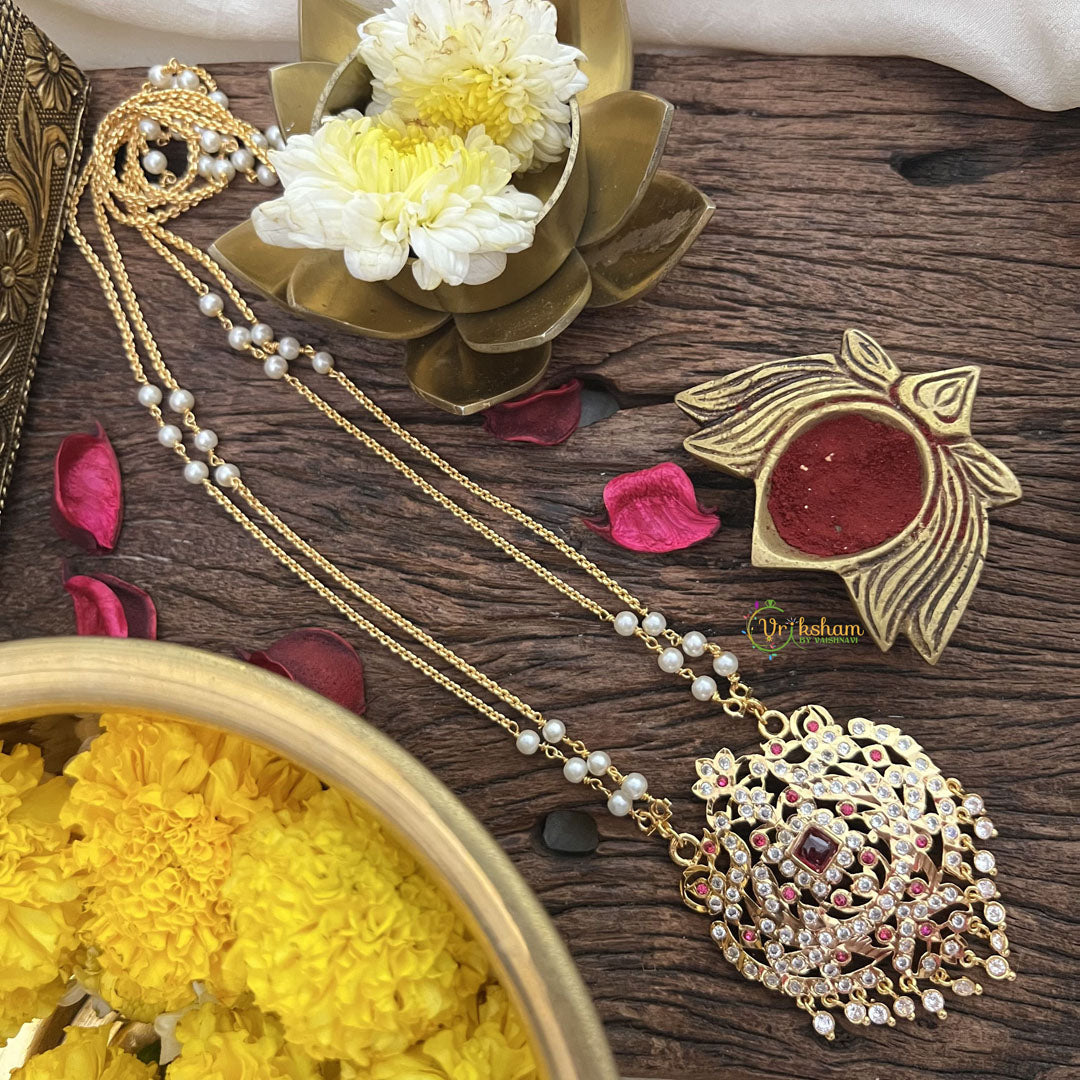 Vriksham AD Stone Temple Work Pendant 2 Layer Pearl With Gold  Chain-Red-G18837