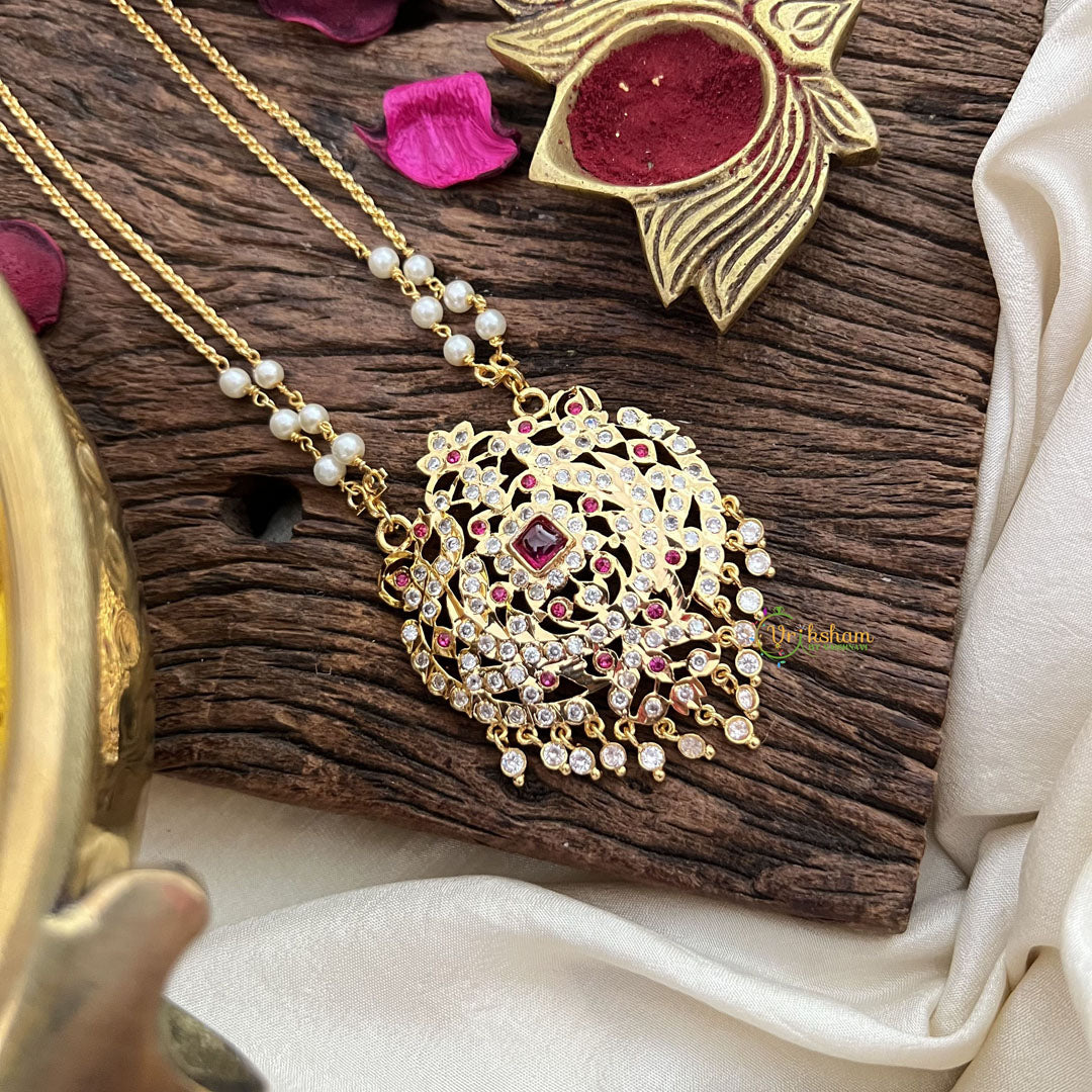Vriksham AD Stone Temple Work Pendant 2 Layer Pearl With Gold  Chain-Red-G18837