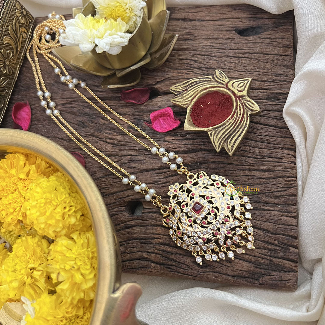 Vriksham AD Stone Temple Work Pendant 2 Layer Pearl With Gold  Chain-Red-G18837