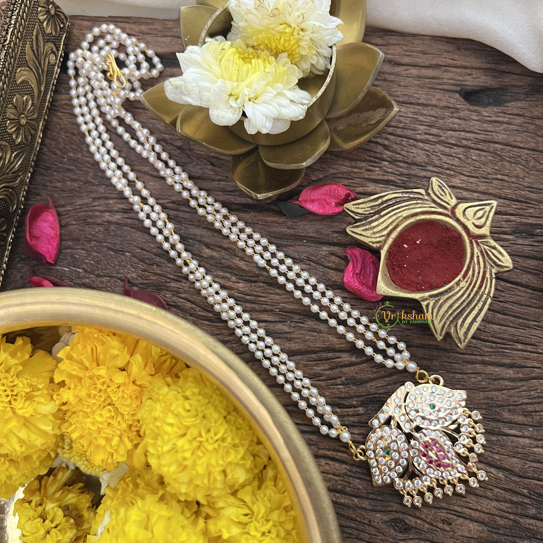 Vriksham AD Stone Leaf Designe Pendant 3 Layer Pearl Mala-Red-G18832