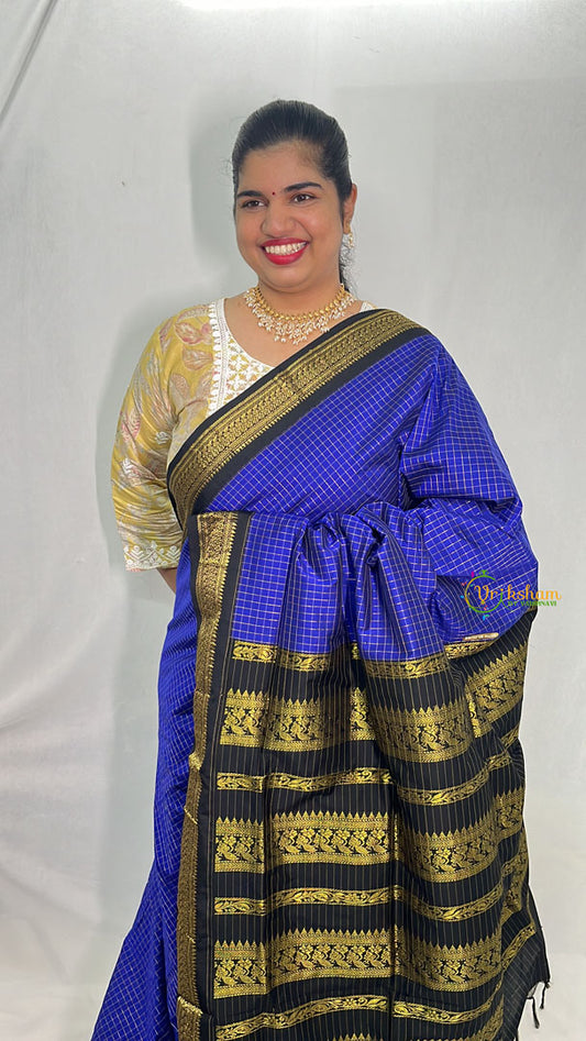 Royal Blue With Black Border-Vairaoosi Podi Kattam- Kalyani Cotton Saree - VS3441