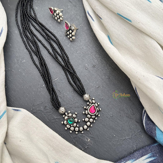 German Silver Pendant Black Beaded Neckpiece-S906