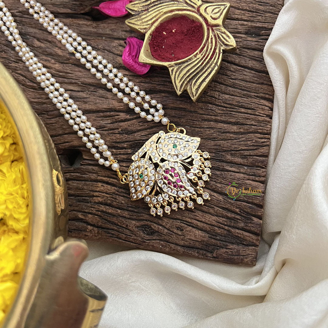 Vriksham AD Stone Leaf Designe Pendant 3 Layer Pearl Mala-Red-G18832